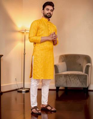 Yellow embroidered straight men kurta 4