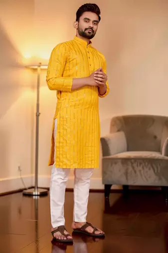 Yellow embroidered straight men kurta