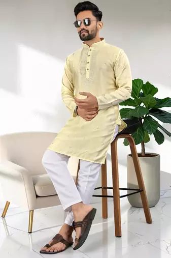 Yellow silk embroidered straight men kurta