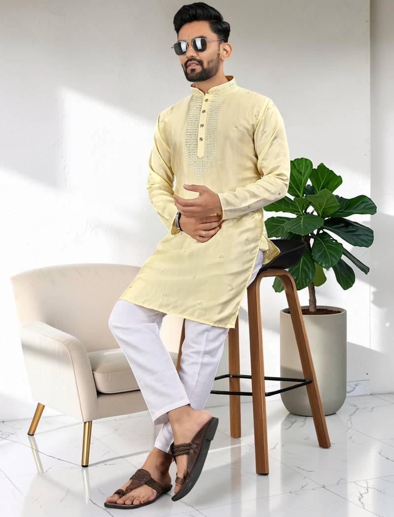 Yellow silk embroidered straight men kurta