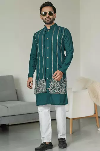 Blue silk embroidered indo-western men kurta