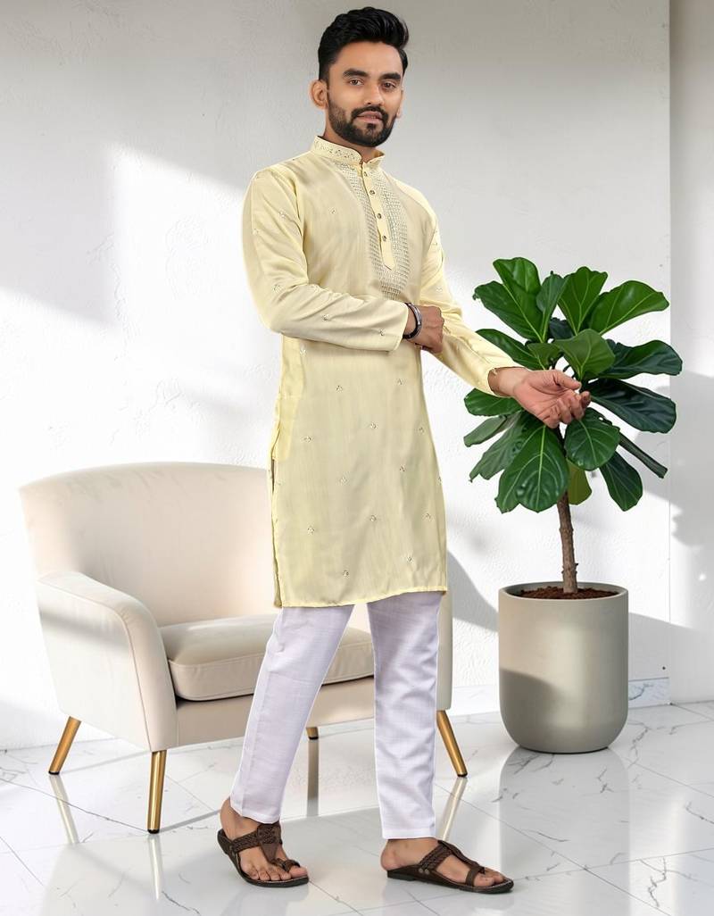 Yellow silk embroidered straight men kurta