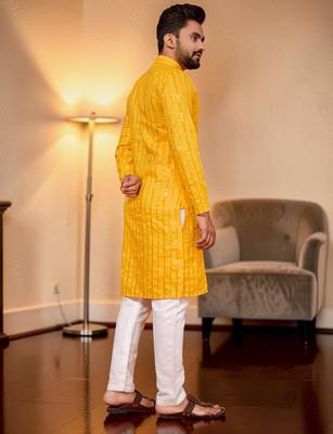 Yellow embroidered straight men kurta 5