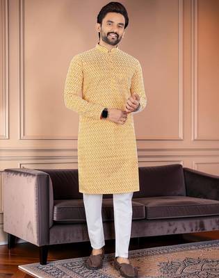 Yellow chikankari embroidered art silk straight men kurta 1