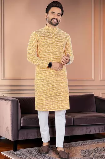 Yellow chikankari embroidered art silk straight men kurta