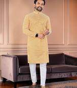 Yellow chikankari embroidered art silk straight men kurta