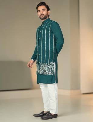 Blue silk embroidered indo-western men kurta 2