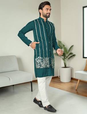Blue silk embroidered indo-western men kurta 3