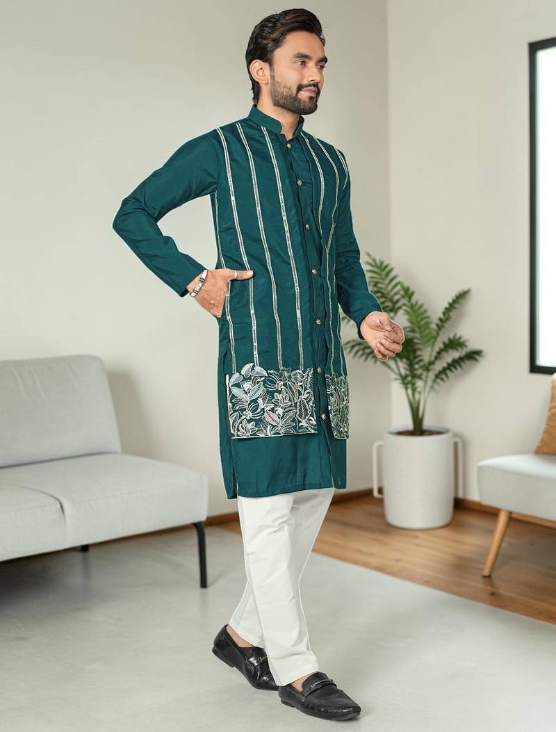 Blue silk embroidered indo-western men kurta