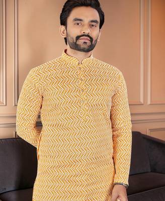 Yellow chikankari embroidered art silk straight men kurta 2