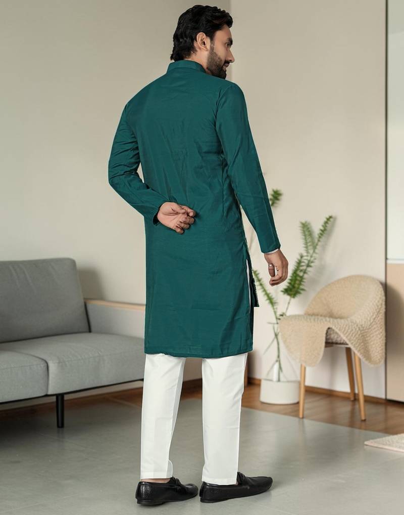 Blue silk embroidered indo-western men kurta