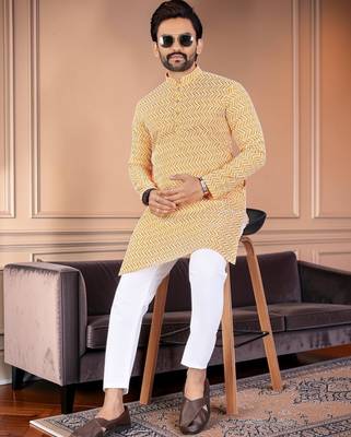 Yellow chikankari embroidered art silk straight men kurta 3