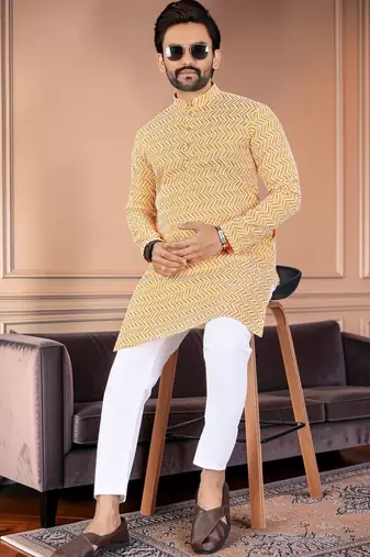 Yellow chikankari embroidered art silk straight men kurta
