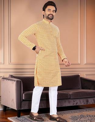 Yellow chikankari embroidered art silk straight men kurta 4