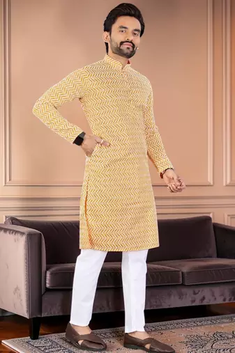 Yellow chikankari embroidered art silk straight men kurta