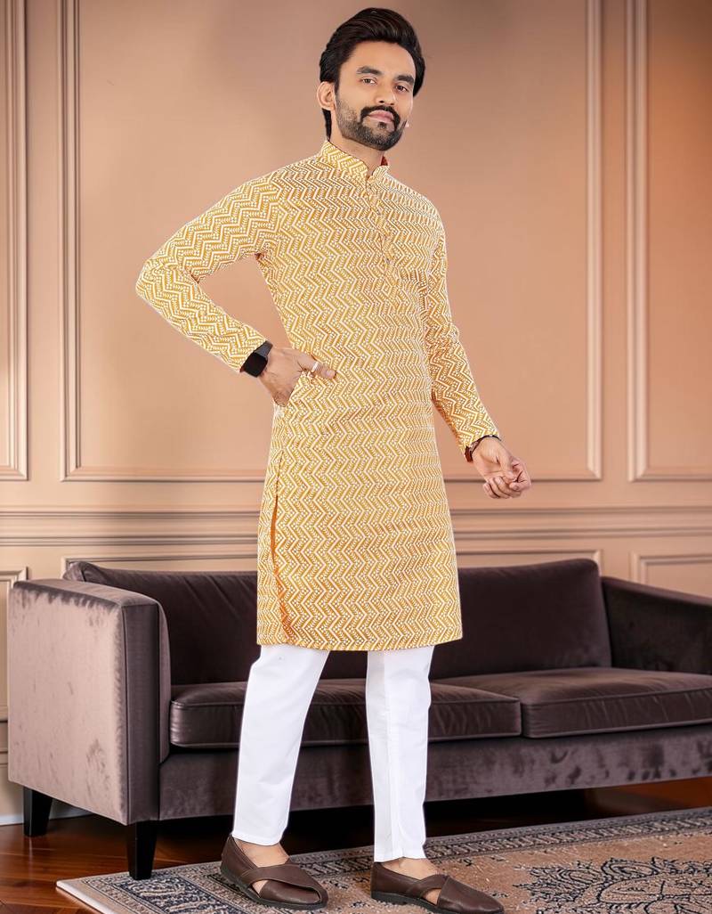 Yellow chikankari embroidered art silk straight men kurta