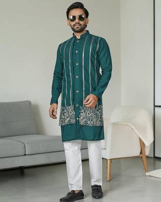 Blue silk embroidered indo-western men kurta 5