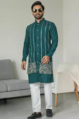 Blue silk embroidered indo-western men kurta