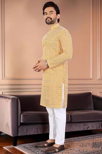Yellow chikankari embroidered art silk straight men kurta