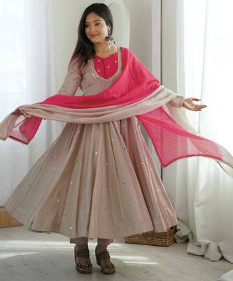 Trendy  roman  silk embroidery sequence  and mirror work beige readymade ethnic gown 2