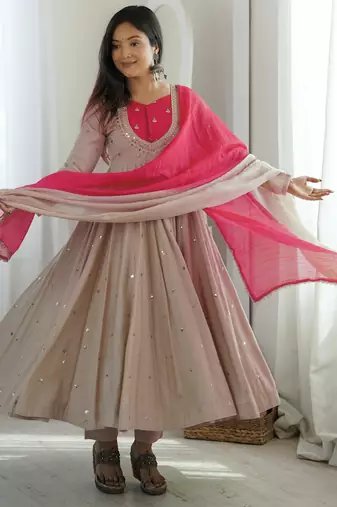 Trendy  roman  silk embroidery sequence  and mirror work beige readymade ethnic gown