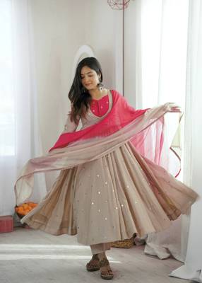 Trendy  roman  silk embroidery sequence  and mirror work beige readymade ethnic gown 3