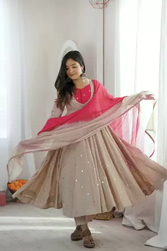 Trendy  roman  silk embroidery sequence  and mirror work beige readymade ethnic gown