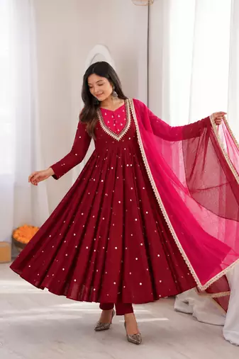 Trendy  roman  silk embroidery sequence  and mirror work maroon readymade ethnic gown