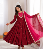 Trendy  roman  silk embroidery sequence  and mirror work maroon readymade ethnic gown