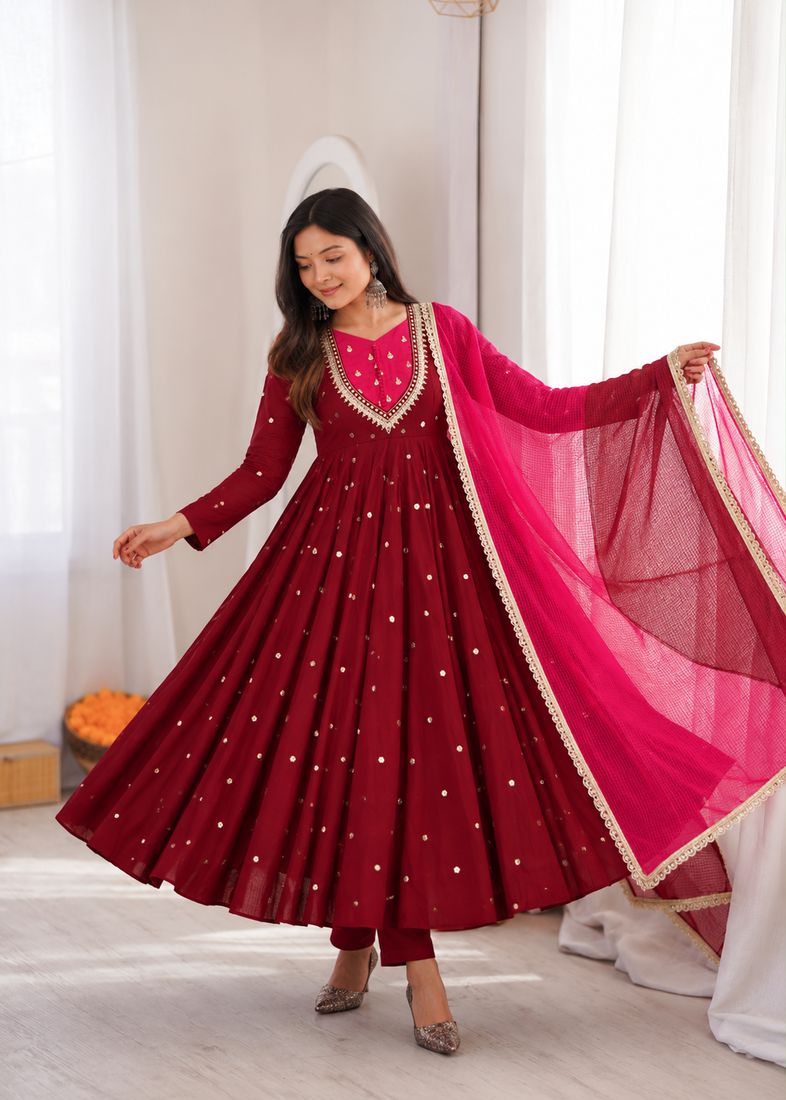 Trendy  roman  silk embroidery sequence  and mirror work maroon readymade ethnic gown
