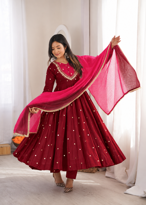 Trendy  roman  silk embroidery sequence  and mirror work maroon readymade ethnic gown 2