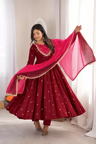 Trendy  roman  silk embroidery sequence  and mirror work maroon readymade ethnic gown