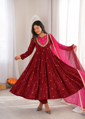 Trendy  roman  silk embroidery sequence  and mirror work maroon readymade ethnic gown 3