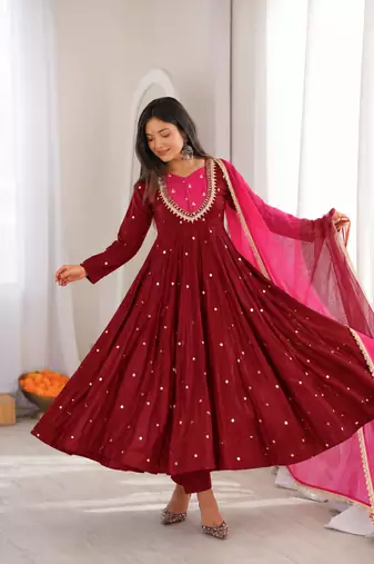 Trendy  roman  silk embroidery sequence  and mirror work maroon readymade ethnic gown