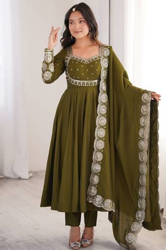 Heavy roman silk embroidery sequnce work mehendi readymade ethnic gown