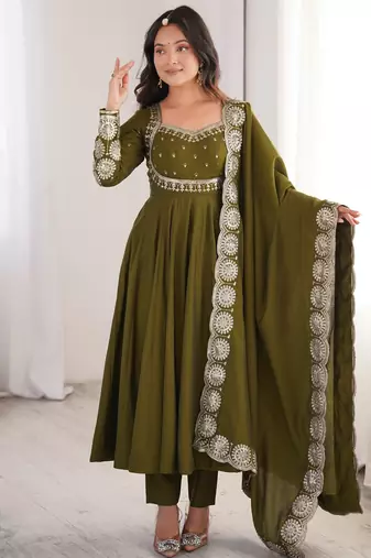 Heavy roman silk embroidery sequnce work mehendi readymade ethnic gown