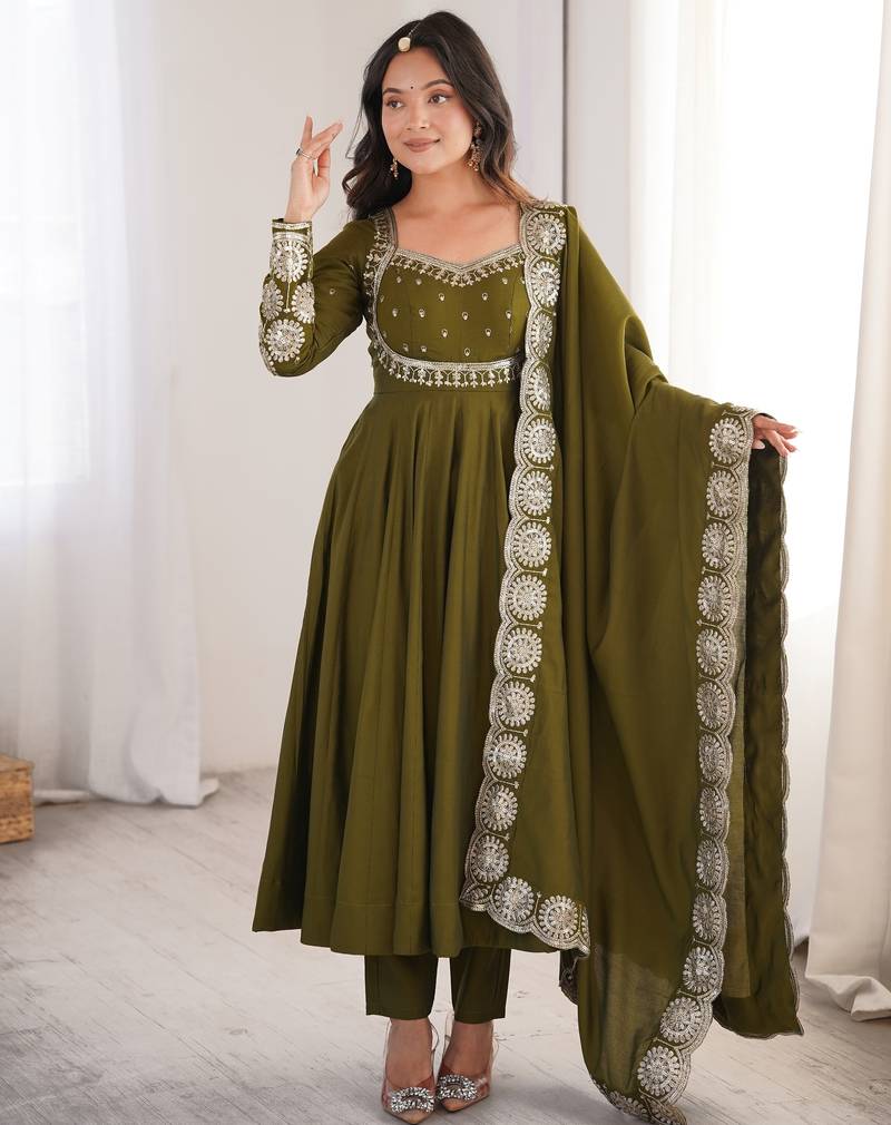 Heavy roman silk embroidery sequnce work mehendi readymade ethnic gown