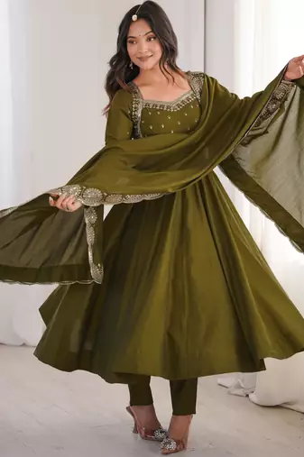 Heavy roman silk embroidery sequnce work mehendi readymade ethnic gown