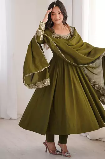Heavy roman silk embroidery sequnce work mehendi readymade ethnic gown