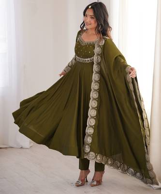 Heavy roman silk embroidery sequnce work mehendi readymade ethnic gown 4