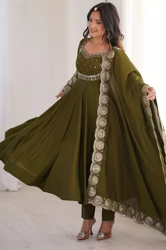 Heavy roman silk embroidery sequnce work mehendi readymade ethnic gown