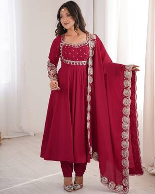 Heavy roman silk blend embroidery sequnce work maroon readymade ethnic gown 1