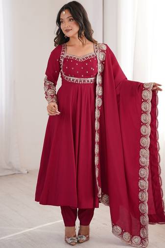 Heavy roman silk blend embroidery sequnce work maroon readymade ethnic gown