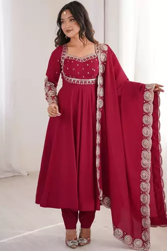 Heavy roman silk blend embroidery sequnce work maroon readymade ethnic gown