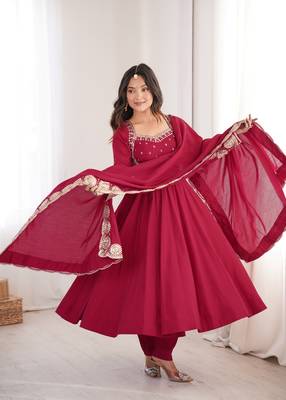 Heavy roman silk blend embroidery sequnce work maroon readymade ethnic gown 2