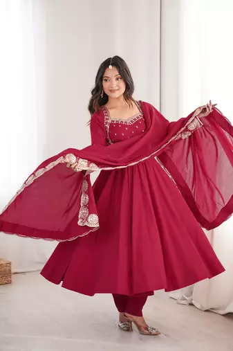 Heavy roman silk blend embroidery sequnce work maroon readymade ethnic gown