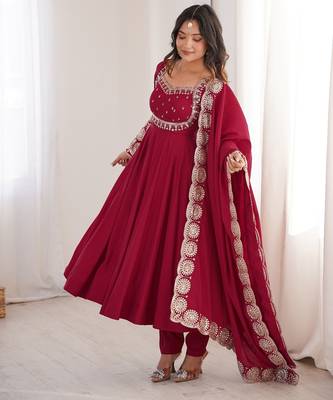 Heavy roman silk blend embroidery sequnce work maroon readymade ethnic gown 3