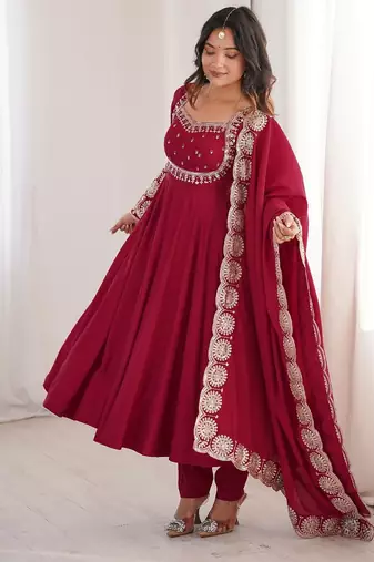 Heavy roman silk blend embroidery sequnce work maroon readymade ethnic gown