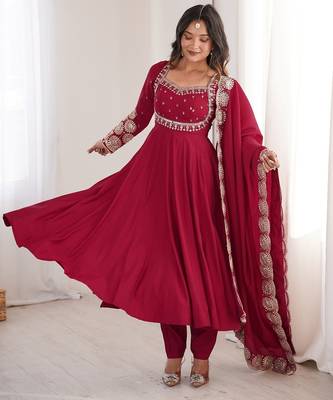 Heavy roman silk blend embroidery sequnce work maroon readymade ethnic gown 4