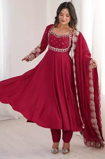Heavy roman silk blend embroidery sequnce work maroon readymade ethnic gown